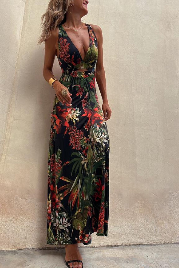 Vestido largo cruzado con estampado tropical y diseño de espalda descubierta ideal para el verano