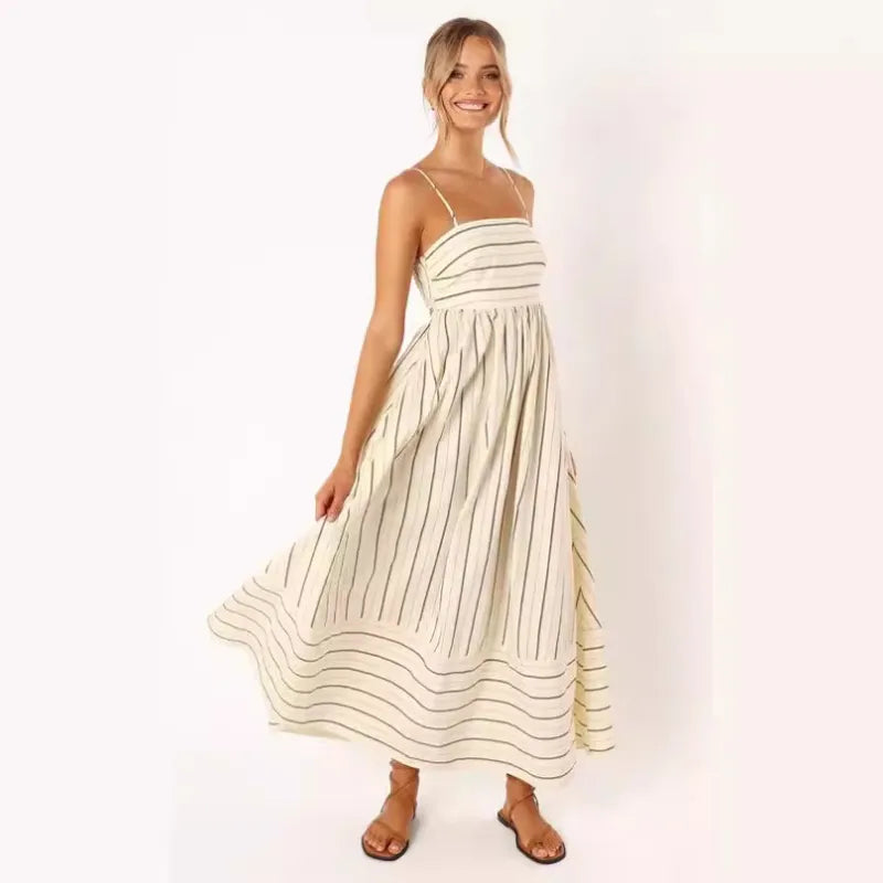 Ruth - Maxivestido fruncido elástico con estampado beige y negro