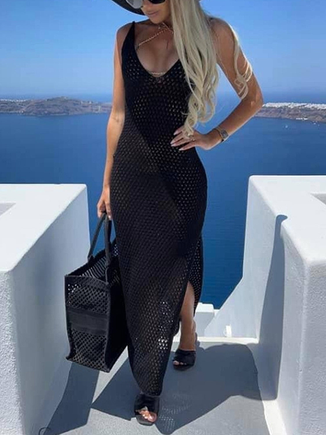 Vestido playero sin mangas con escote en V, diseño calado y abertura lateral