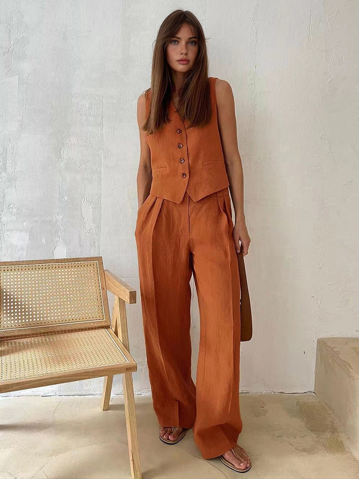 Conjunto elegante de verano con pantalón ancho y chaleco clásico con botones