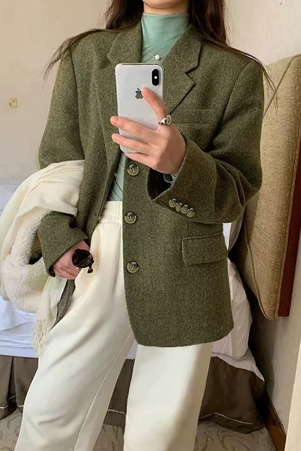 Blazer Verde de Mujer con Solapas Muesca en Tweed Elegante