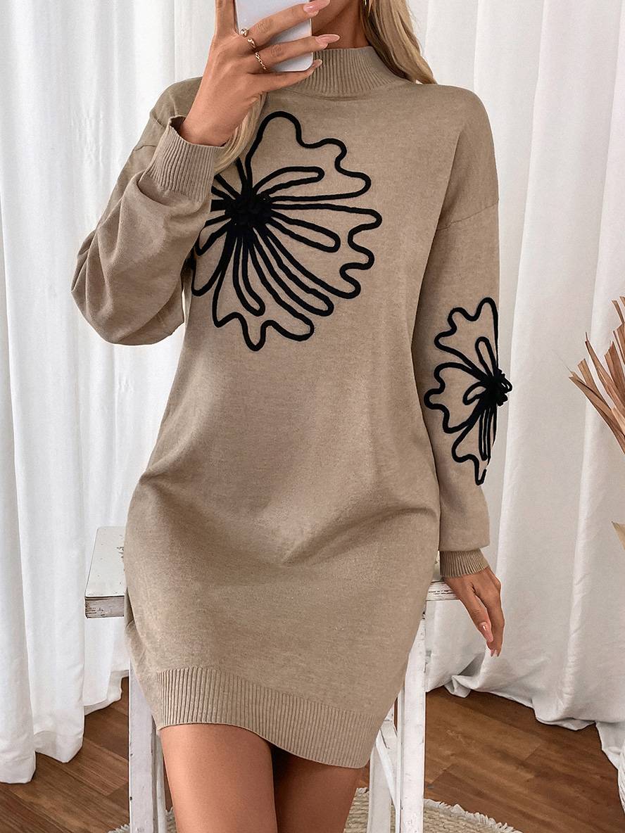 Vestido corto estampado floral con cuello alto y mangas largas, elegante y casual