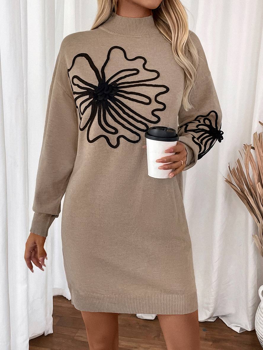 Vestido corto estampado floral con cuello alto y mangas largas, elegante y casual