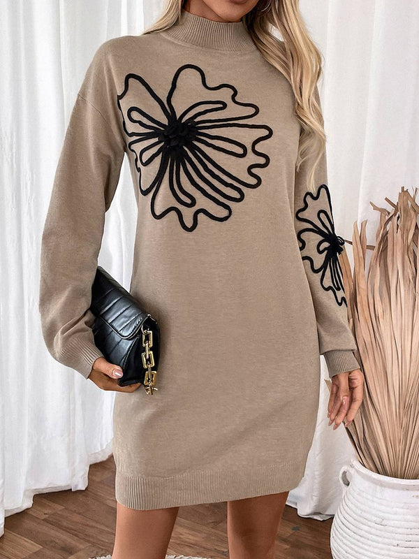 Vestido corto estampado floral con cuello alto y mangas largas, elegante y casual