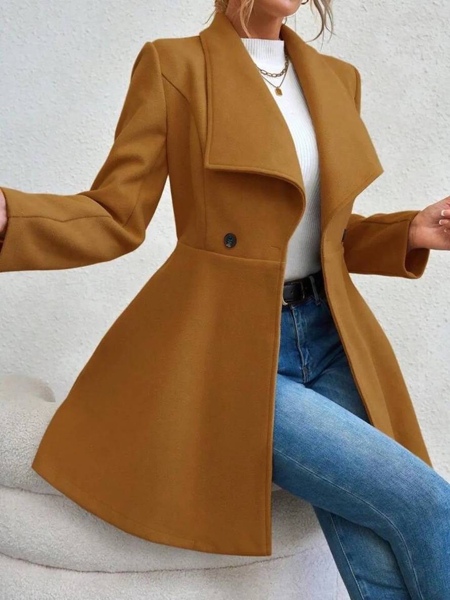 Abrigo largo de mujer con botones, cuello solapa y mangas largas, diseño elegante y casual
