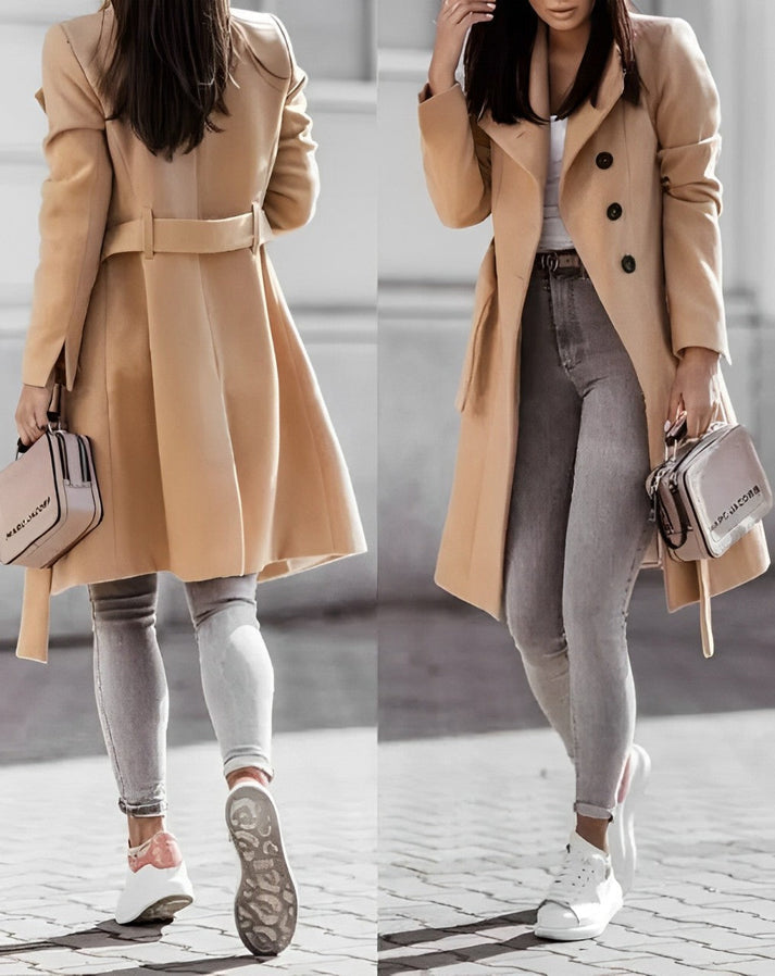 Abrigo largo elegante con cinturón para mujeres con estilo