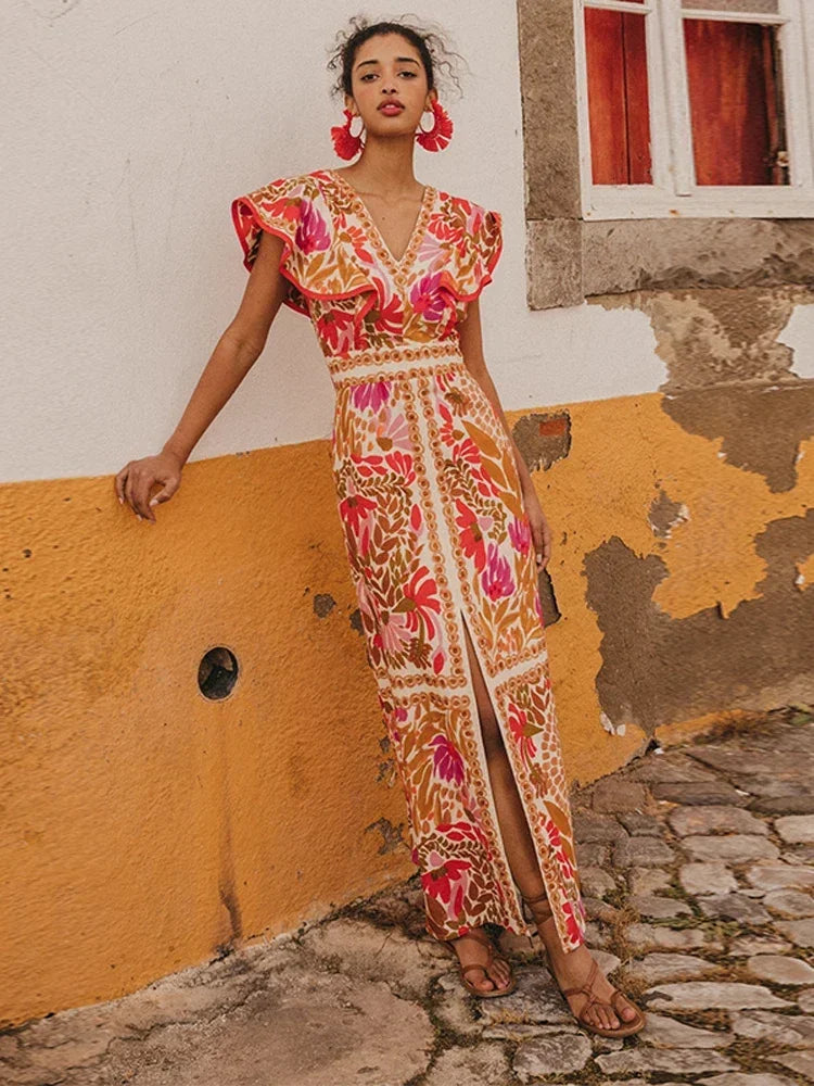 Vestido largo vintage elegante con mangas únicas y sofisticadas