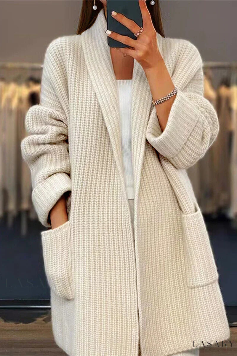 Comodidad Elegante: Cárdigan de Punto Sólido con Bolsillos y Cuello para Apariencia Modernos