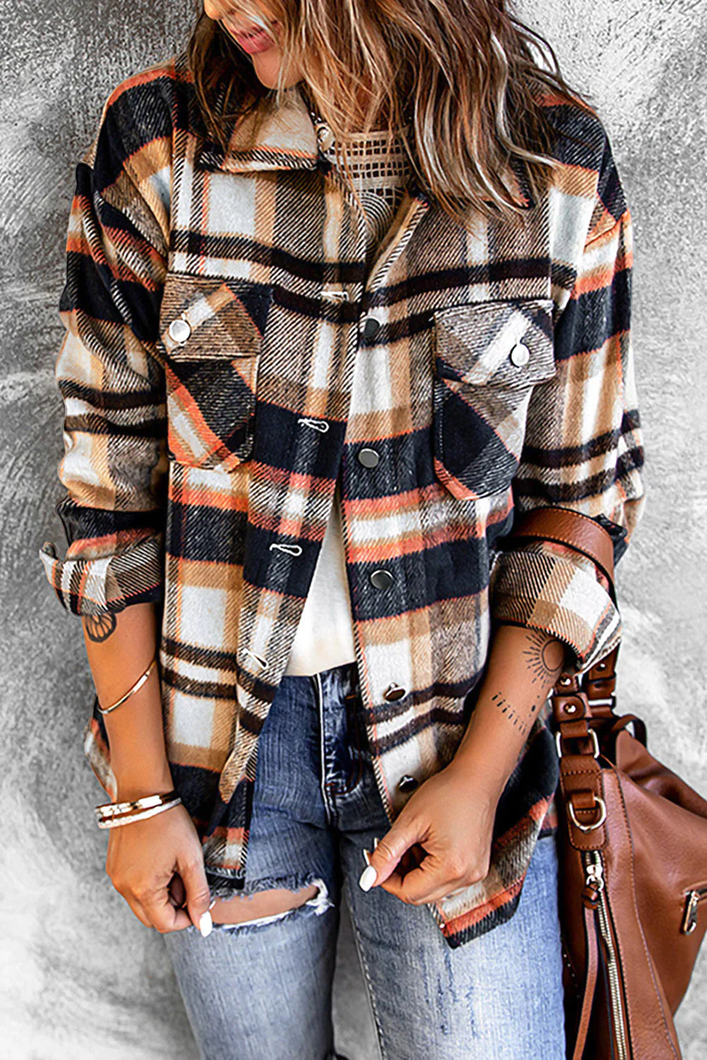 Chaqueta de Cuadros Acogedora con Botones y Bolsillos