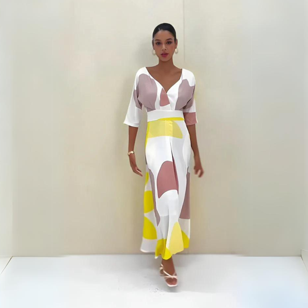 Vestido largo de verano elegante con escote recortado y manga tres cuartos