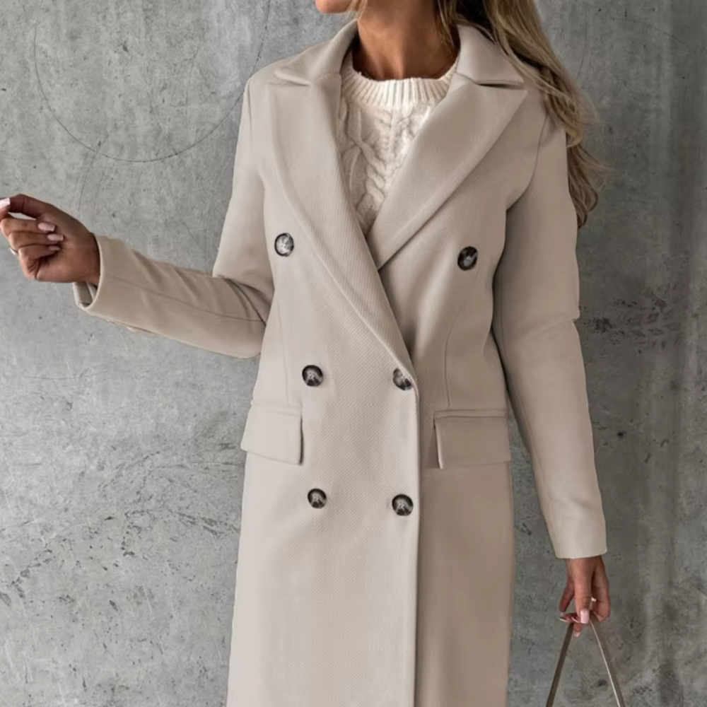 Abrigo largo y cálido para mujer con solapas y diseño moderno para uso diario