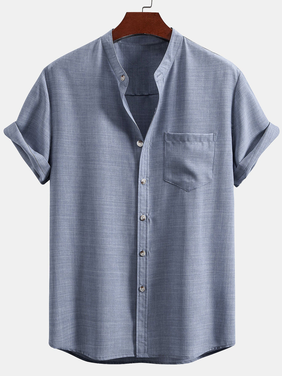 Conjunto para hombre con camisa de cuello mao de manga corta y pantalón recto casual