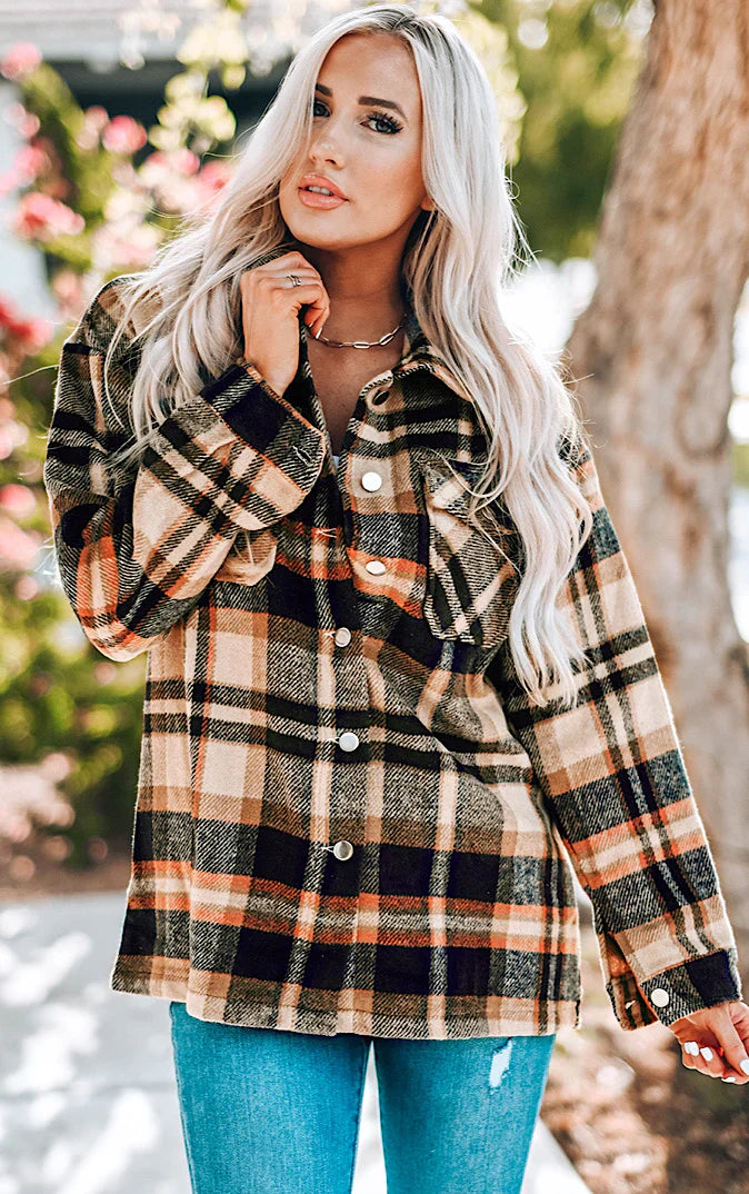 Chaqueta de Cuadros Acogedora con Botones y Bolsillos
