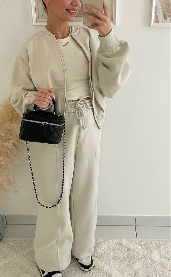 Conjunto deportivo casual para mujer con chaqueta de cremallera y pantalón acampanado de talle alto