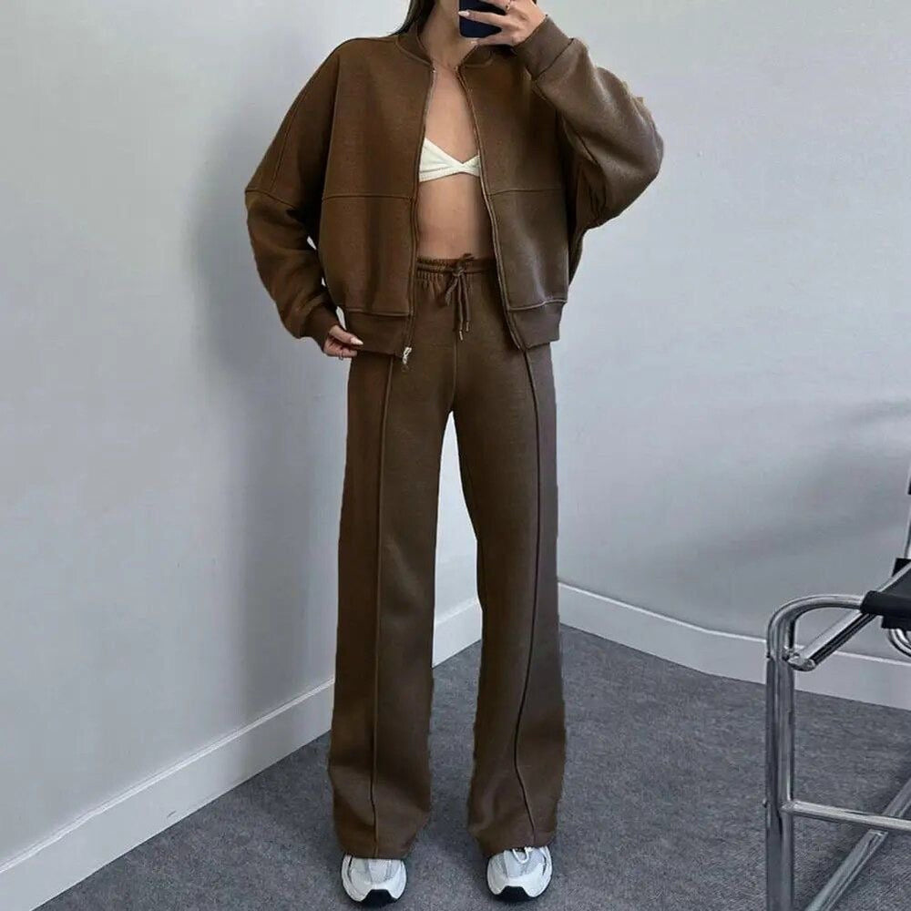 Conjunto deportivo casual para mujer con chaqueta de cremallera y pantalón acampanado de talle alto