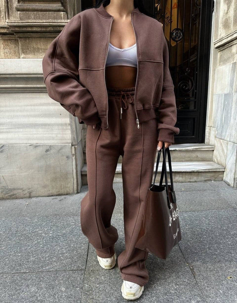 Conjunto deportivo casual para mujer con chaqueta de cremallera y pantalón acampanado de talle alto