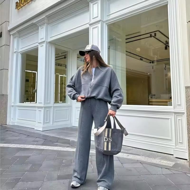 Conjunto deportivo casual para mujer con chaqueta de cremallera y pantalón acampanado de talle alto
