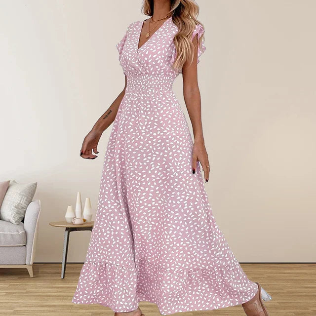 Vestido largo elegante sin mangas con escote en v y detalle fruncido