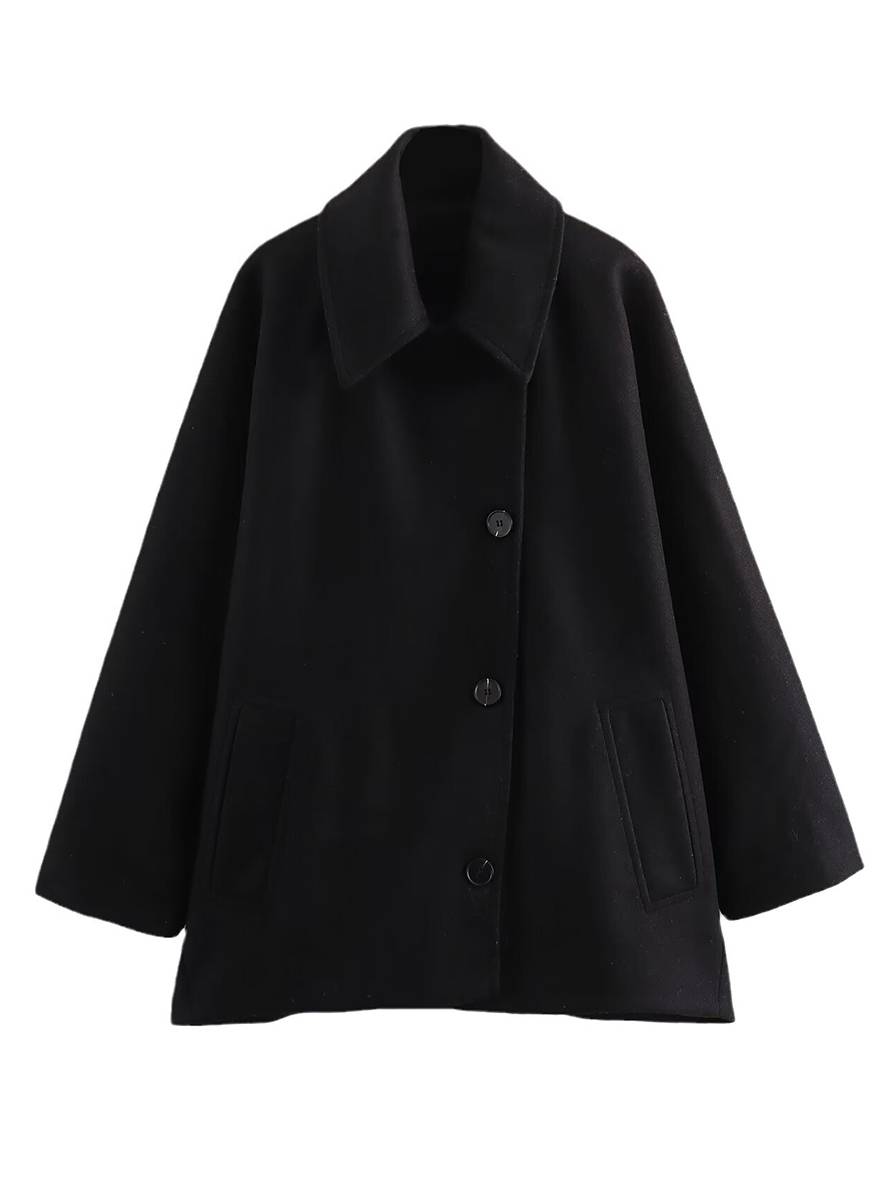 Chaqueta elegante de mujer con bolsillos, cuello solapa y mangas amplias para un estilo casual moderno