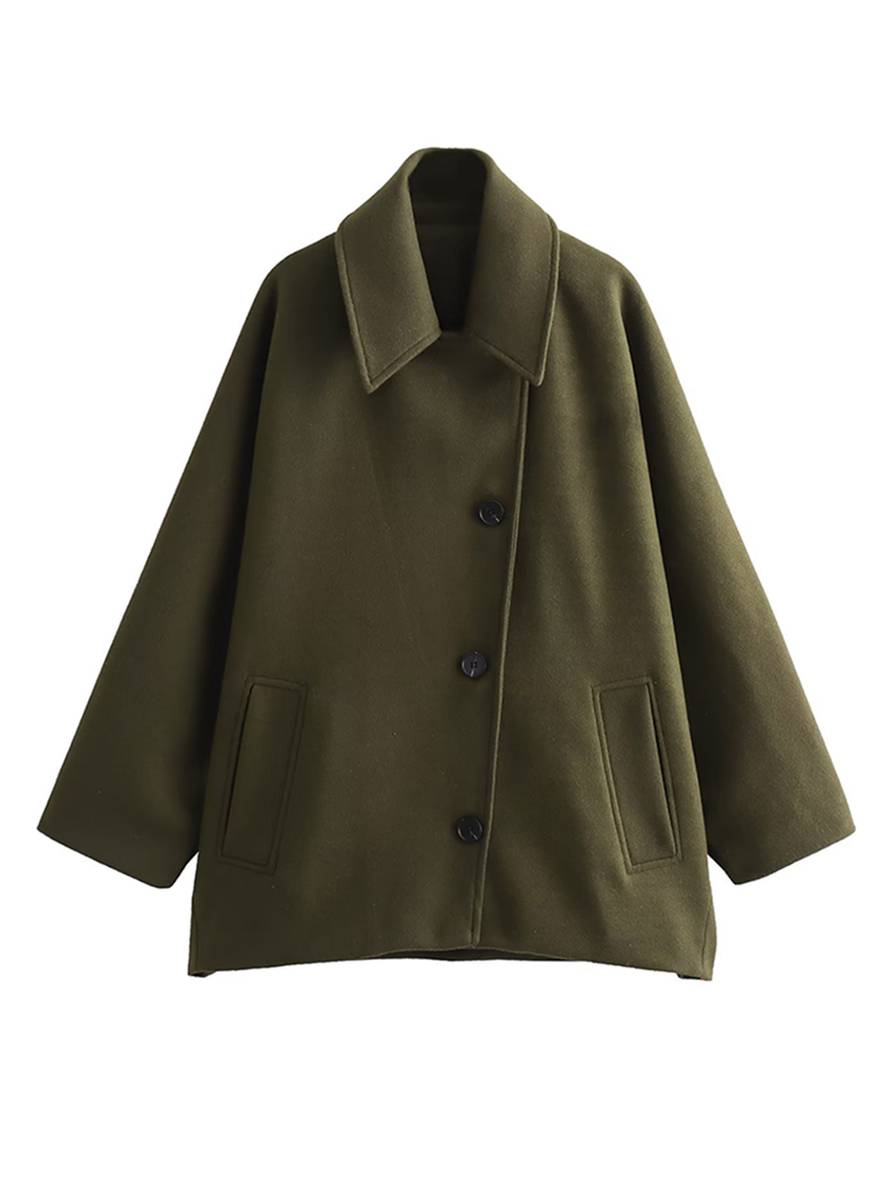 Chaqueta elegante de mujer con bolsillos, cuello solapa y mangas amplias para un estilo casual moderno