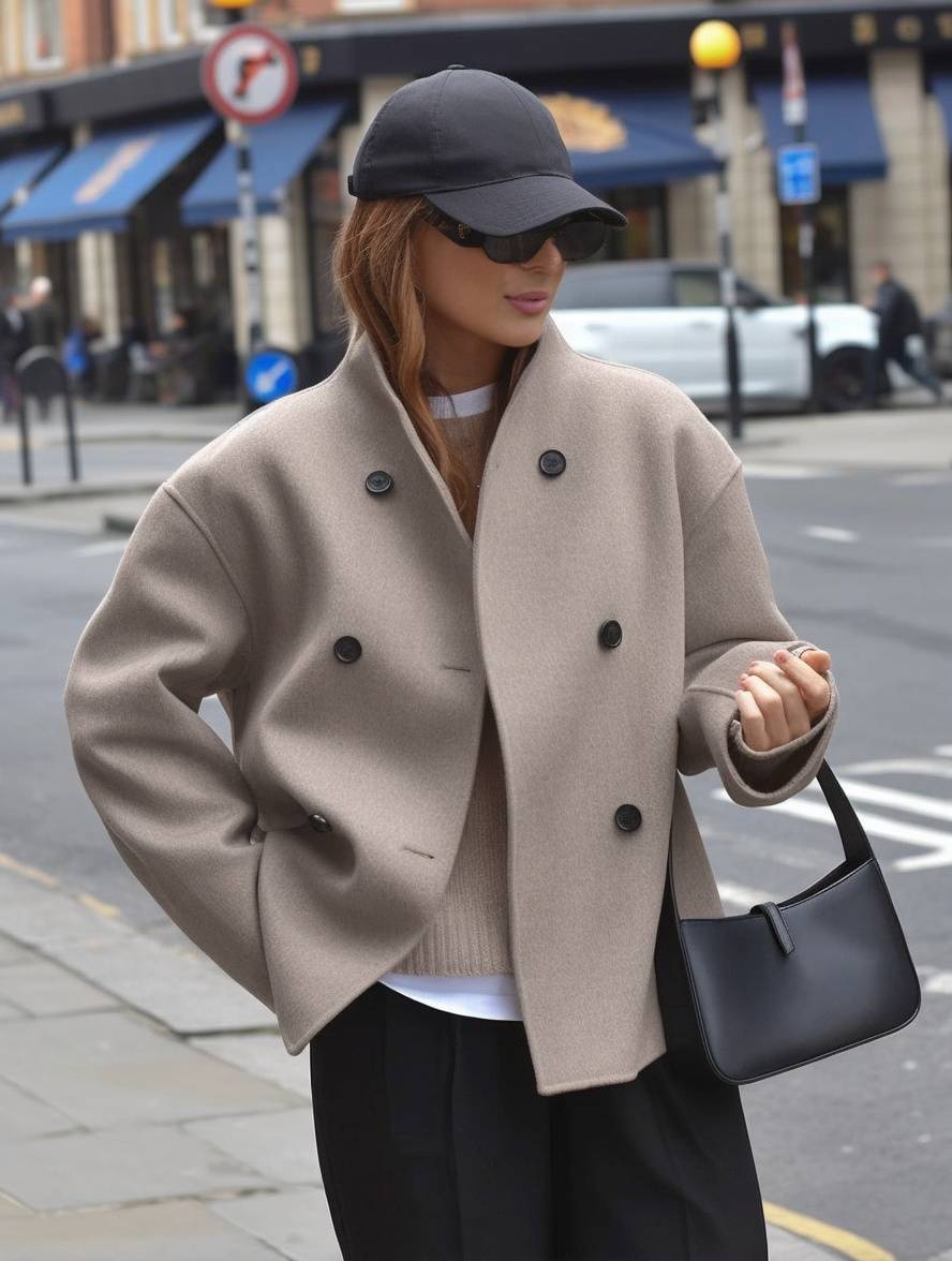 Abrigo de mujer elegante con doble botonadura, cuello alto y escote en V, diseño vintage para uso diario