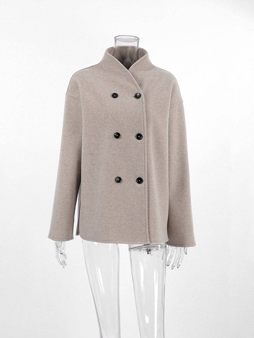 Abrigo de mujer elegante con doble botonadura, cuello alto y escote en V, diseño vintage para uso diario