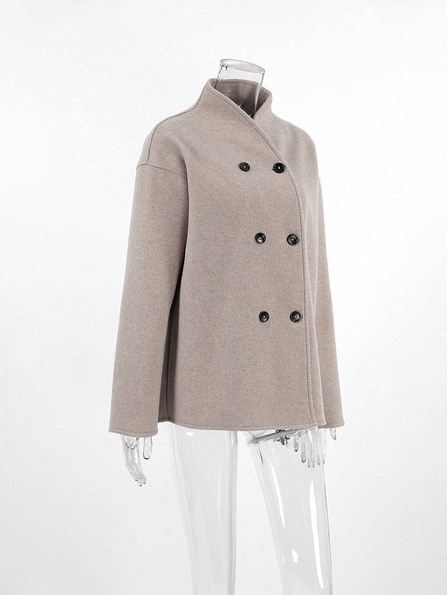 Abrigo de mujer elegante con doble botonadura, cuello alto y escote en V, diseño vintage para uso diario