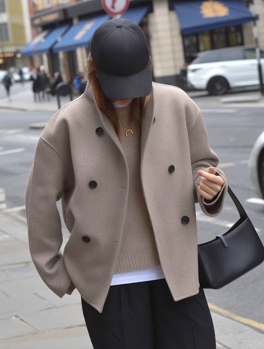 Abrigo de mujer elegante con doble botonadura, cuello alto y escote en V, diseño vintage para uso diario