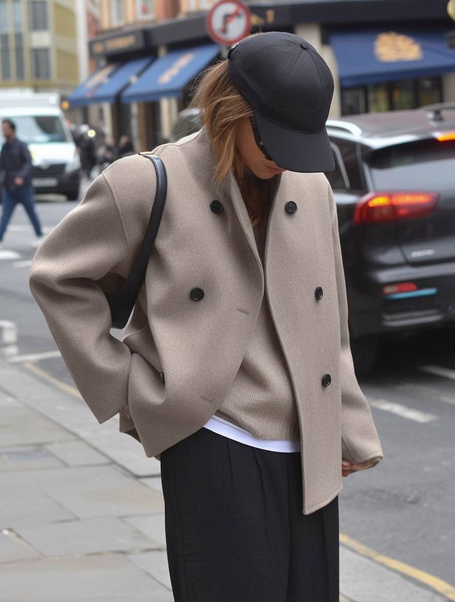 Abrigo de mujer elegante con doble botonadura, cuello alto y escote en V, diseño vintage para uso diario