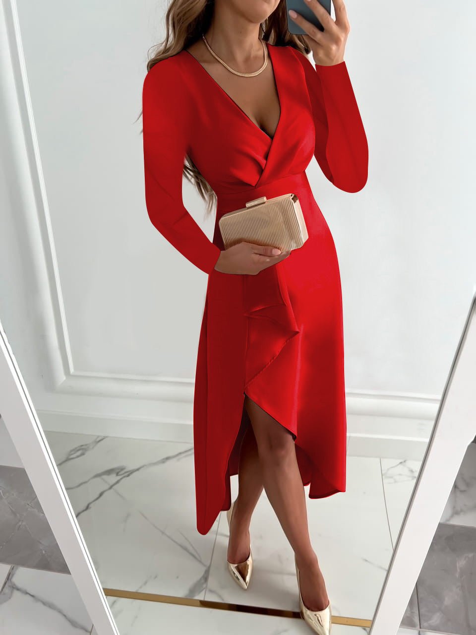 Vestido elegante de manga larga con escote en V profundo y bajo asimétrico midi