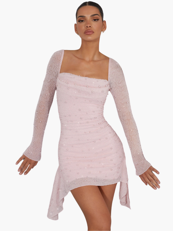 Vestido mini elegante para mujer con detalles de perlas y mangas largas