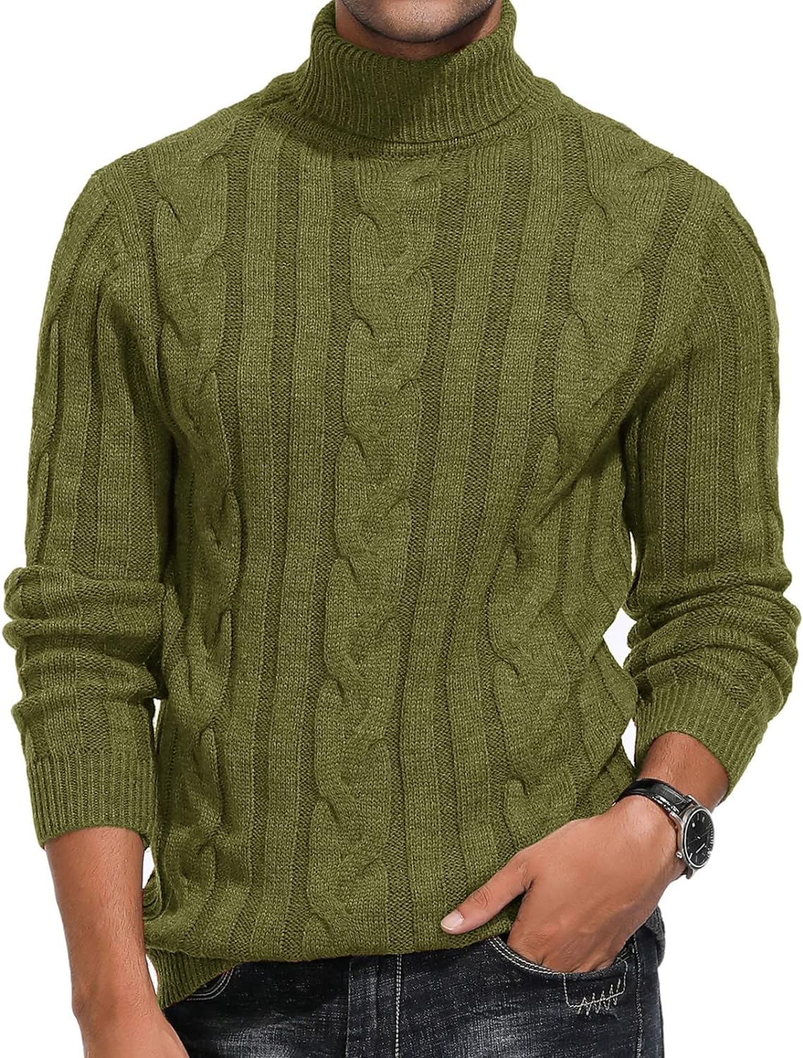 Suéter de cuello alto para hombre con diseño de punto trenzado y mangas largas