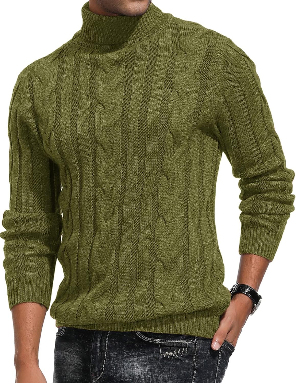 Suéter de cuello alto para hombre con diseño de punto trenzado y mangas largas