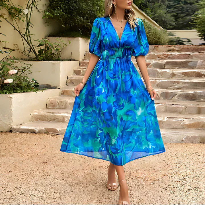 Vestido midi floral moderno para mujer con mangas cortas abullonadas
