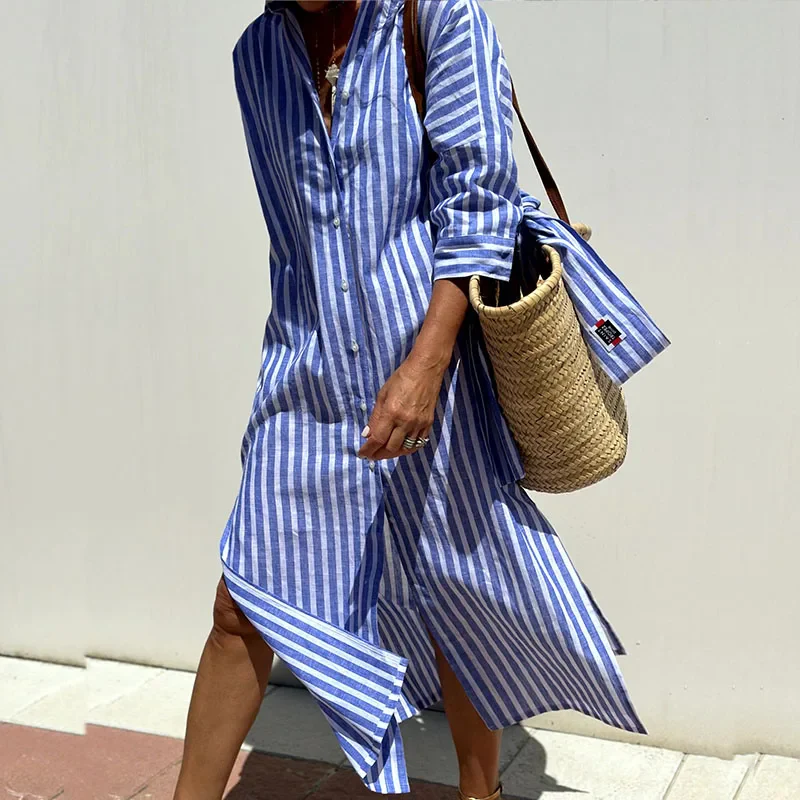 Vestido camisero con rayas y diseño elegante para uso diario o eventos