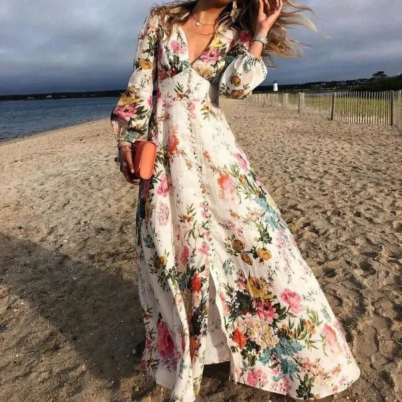 Vestido largo con estampado floral y detalles de botones para verano
