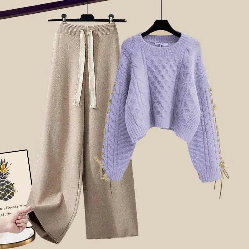Conjunto de dos piezas para mujer, suéter y pantalón ancho, cómodo y cálido