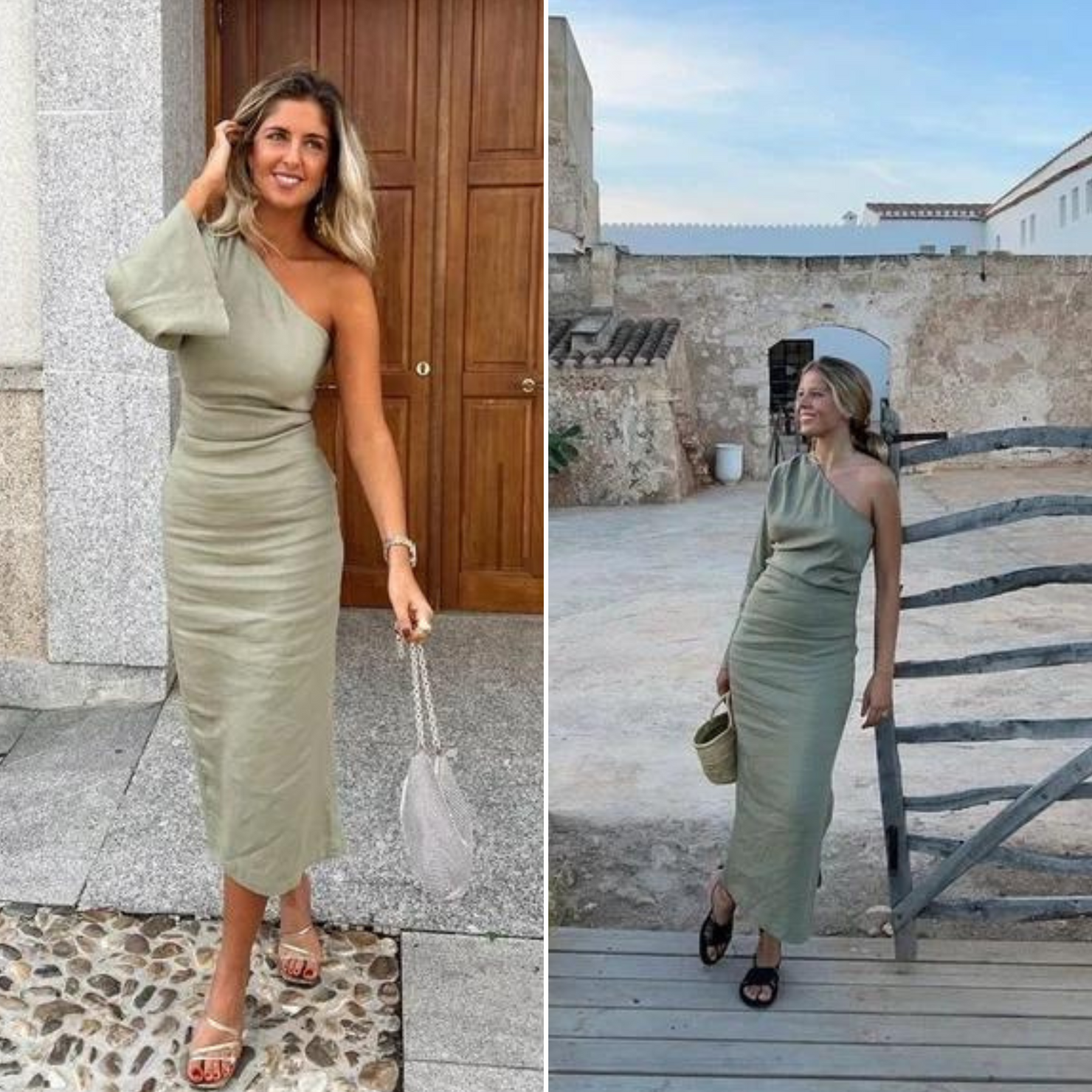 Vestido midi elegante y moderno de un solo hombro con mangas largas