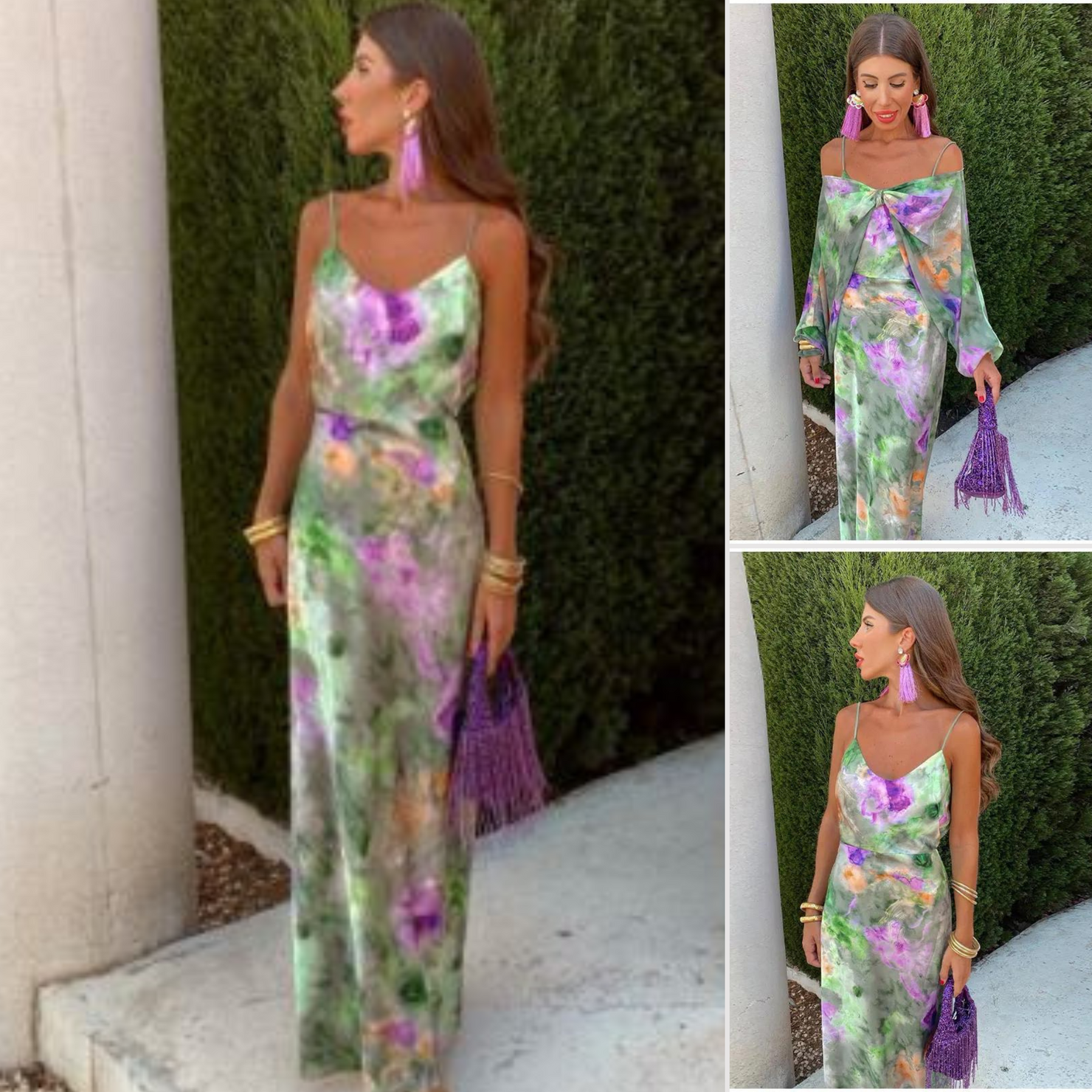 Vestido largo con tirantes, espalda descubierta y bufanda desmontable