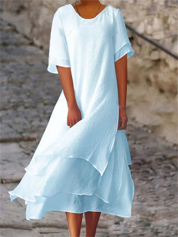 Vestido de manga corta con abertura y doble capa, cuello redondo