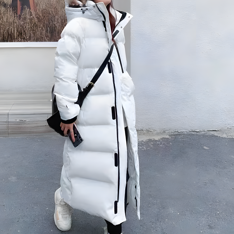 Chaqueta larga de mujer cálida con diseño moderno y elegante para invierno