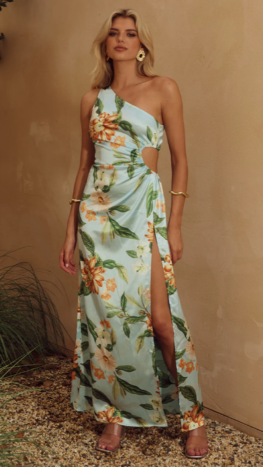 Vestido largo de verano con un solo hombro y cuello alto con estampado floral