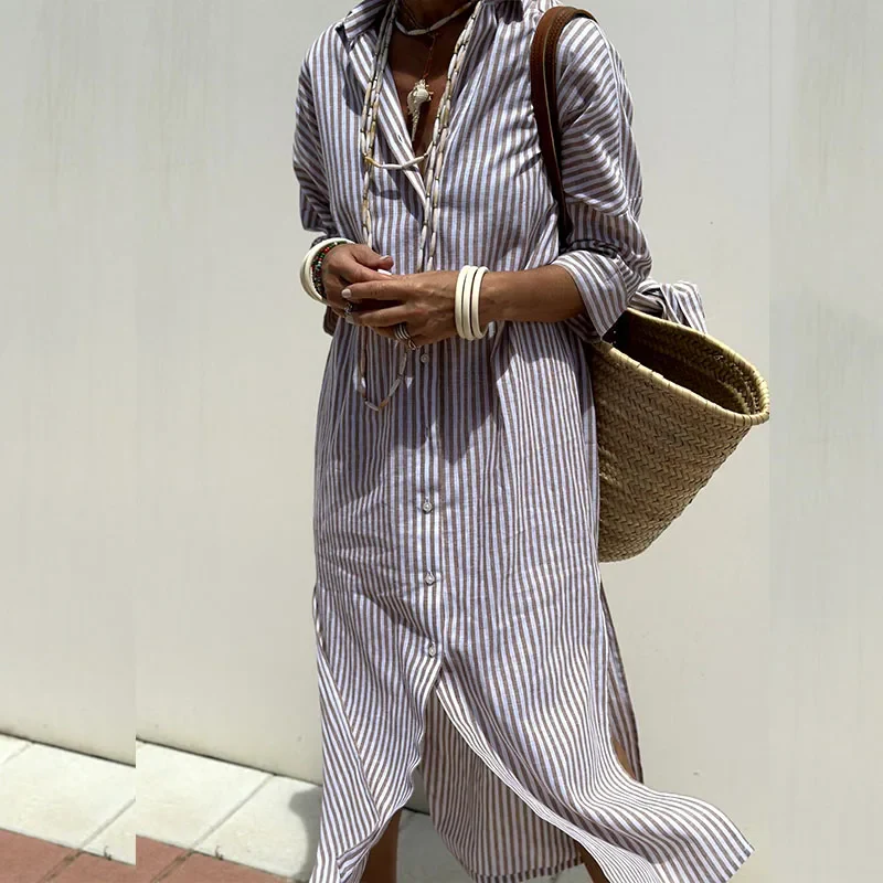 Vestido camisero con rayas y diseño elegante para uso diario o eventos
