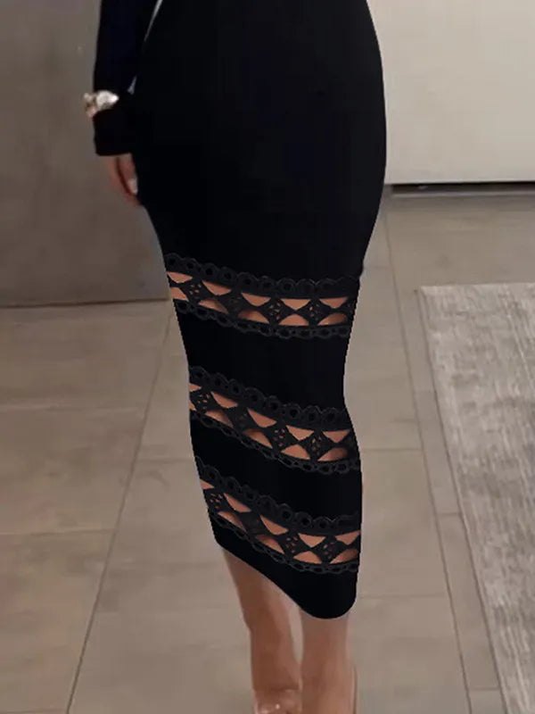 Vestido midi ajustado con mangas largas, diseño calado y escote hombros descubiertos para un mira sofisticado