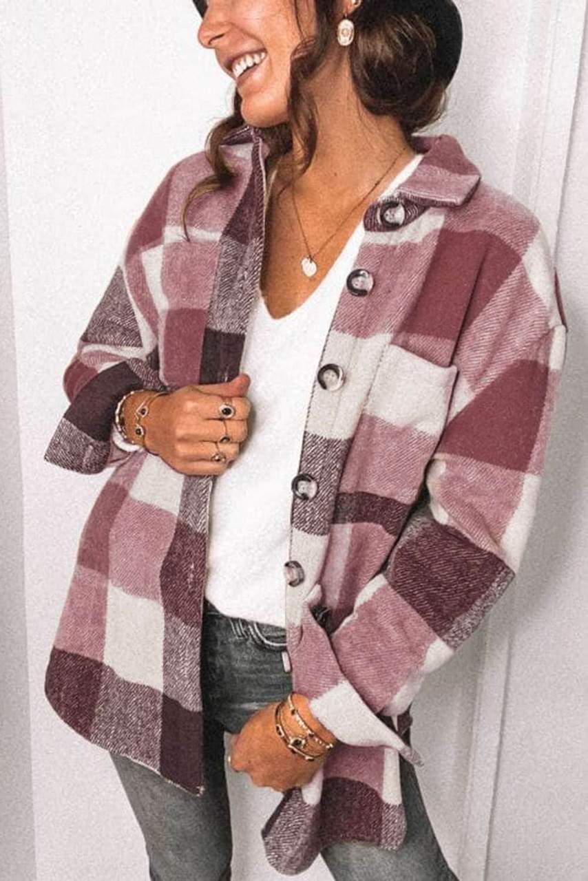 Chaqueta de Manga Larga con Botones y Bolsillo en Bloque de Color Cuadriculado