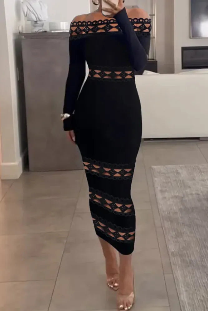 Vestido midi ajustado con mangas largas, diseño calado y escote hombros descubiertos para un mira sofisticado