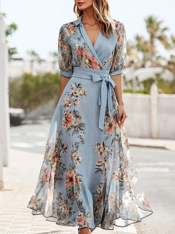 Vestido midi elegante de manga corta con escote en V