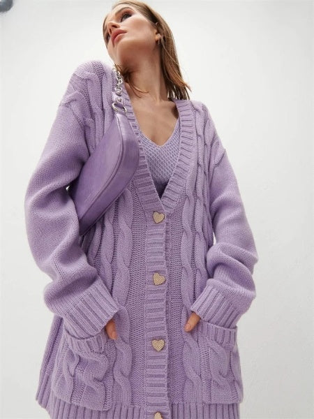 Cárdigan extragrande para mujer con botones de corazón: jersey de punto cálido para otoño e invierno