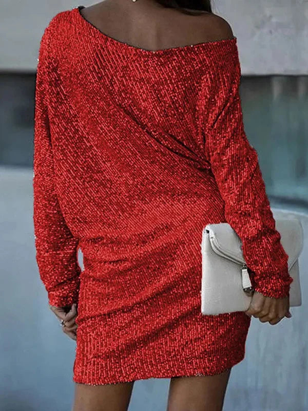 Minivestido asimétrico de un solo hombro con detalles de lentejuelas y corte A suelto