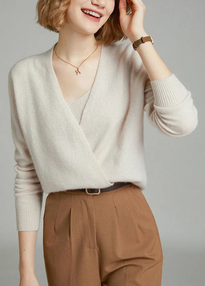 Cárdigan Beige de Mujer con Botones y Cuello en V para Otoño